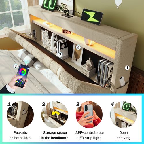 Lit Coffre 160x200 Cm - Coffre Et LED - Lit Capitonné Moderne Avec USB Type-c - Lin - Beige