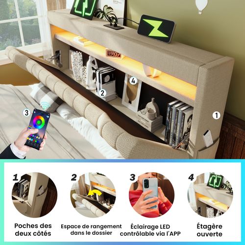 Lit Coffre 180x200 Cm - Coffre Intégré Et LED - Lit Capitonné Moderne Avec USB Type-c - Lin - Beige