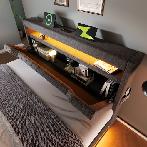 Lit Coffre 140x200 Cm - Coffre De Rangement Et LED - Lit Capitonné Avec USB Type-c - Lin - Gris