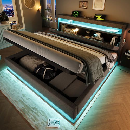 Lit Coffre 140x200 Cm - Coffre De Rangement Et LED - Lit Capitonné Avec USB Type-c - Lin - Gris