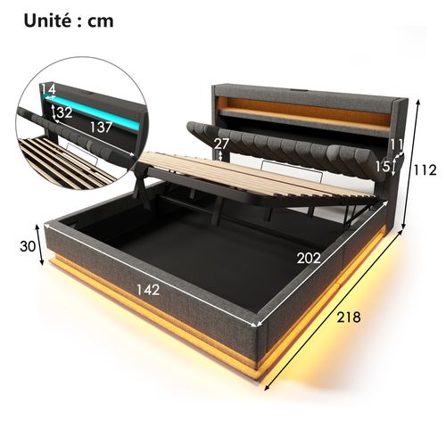 Lit Coffre 140x200 Cm - Coffre De Rangement Et LED - Lit Capitonné Avec USB Type-c - Lin - Gris