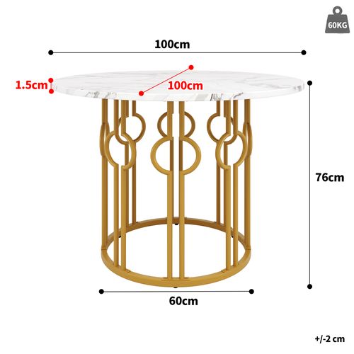 Table à Manger Ronde - Design Moderne - Plateau Mdf Marbré - Pieds Métal Doré - Blanc + Or