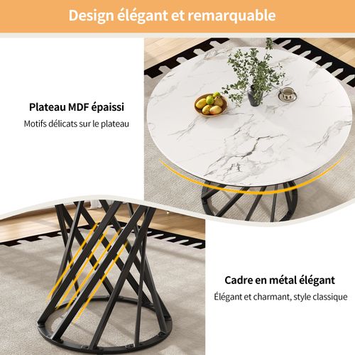 Table à Manger Ronde Moderne, Plateau Mdf Marbré, Pieds Métal Noir, 80 X 80 Cm, Blanc Et Noir