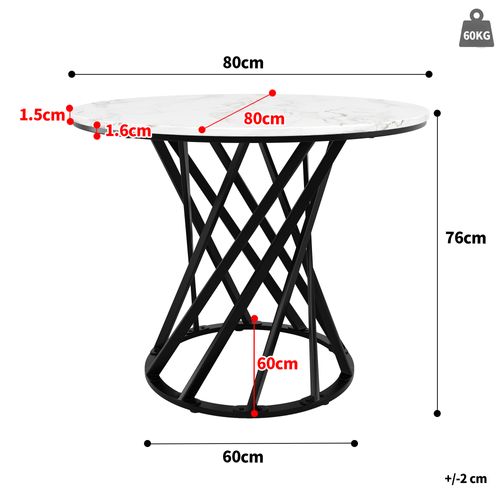 Table à Manger Ronde Moderne, Plateau Mdf Marbré, Pieds Métal Noir, 80 X 80 Cm, Blanc Et Noir