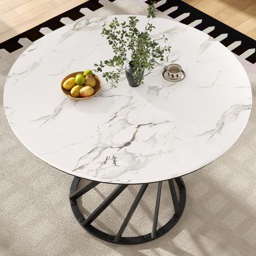 Table à Manger Ronde Moderne, Plateau Mdf Marbré, Pieds Métal Noir, 80 X 80 Cm, Blanc Et Noir