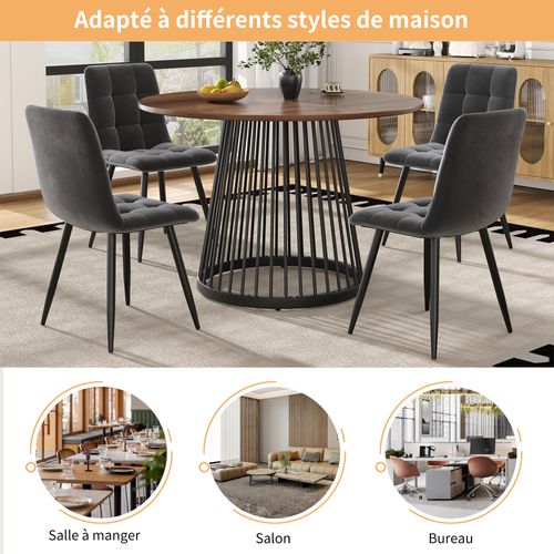 Table à Manger Ronde - Design Contemporain - Plateau Mdf Marbré - Pieds Métal Noir - Noyer