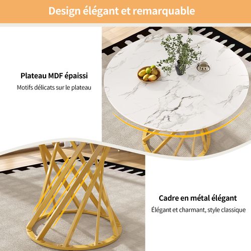 Table à Manger Ronde - Design Contemporain - Plateau Effet Marbre - Pieds Métal Doré - Mdf - Blanc