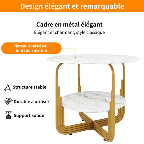 Table à Manger Ronde - Avec Espace De Rangement Intégré - Plateau Effet Marbre - Mdf - Blanc + Doré
