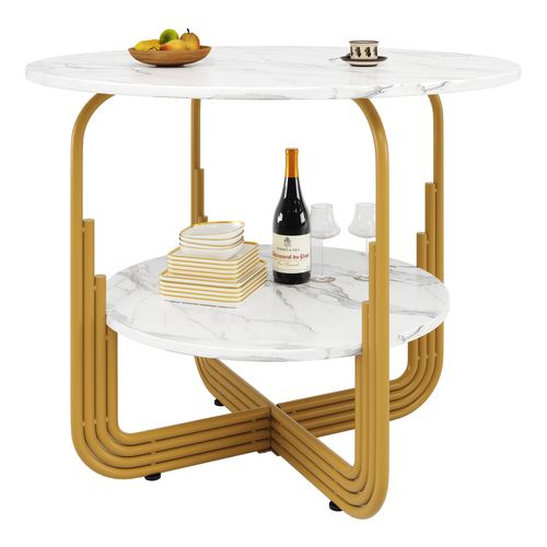 Table à Manger Ronde - Avec Espace De Rangement Intégré - Plateau Effet Marbre - Mdf - Blanc + Doré