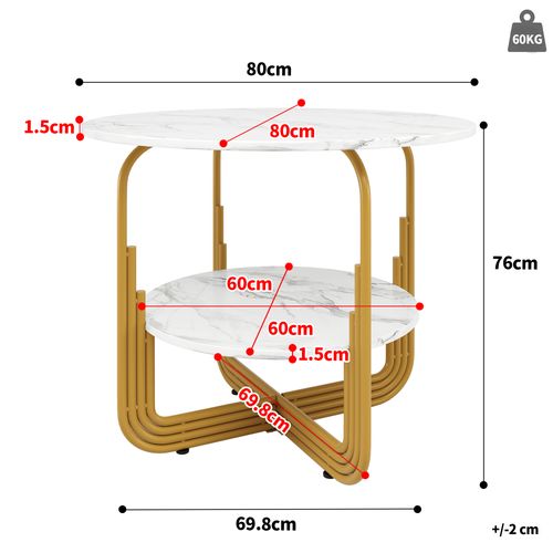 Table à Manger Ronde - Avec Espace De Rangement Intégré - Plateau Effet Marbre - Mdf - Blanc + Doré