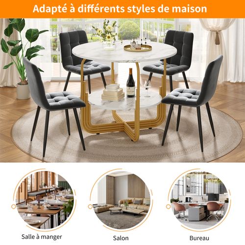 Table à Manger Ronde - Avec Espace De Rangement Intégré - Plateau Effet Marbre - Mdf - Blanc + Doré
