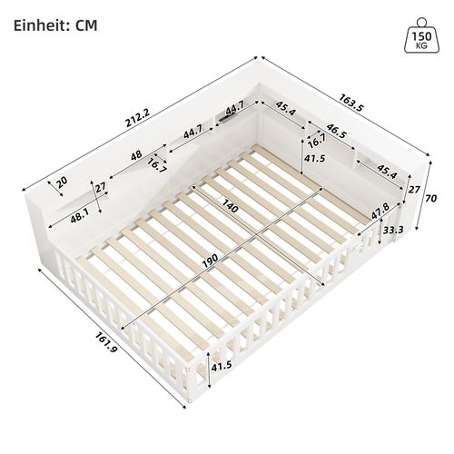 Lit Double 140x190 Cm - Lit Avec Prises USB Et Rangement - Mdf Et Panneaux De Particules - Blanc