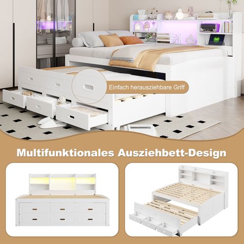 Lit Gigogne 140x200 - Lit Tiroir Et Rangement - LED Avec Télécommande - Ports USB Et Type-c - Blanc