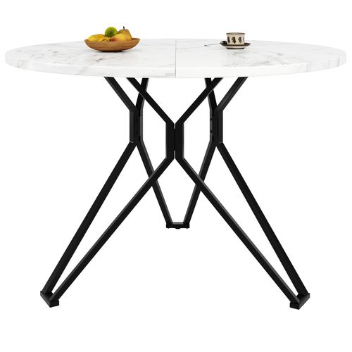 Table à Manger Ronde, Plateau Mdf Marbré, Piètement Métal, 4 Personnes, 100 X 100 Cm, Noir