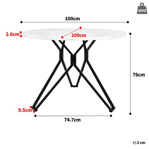 Table à Manger Ronde, Plateau Mdf Marbré, Piètement Métal, 4 Personnes, 100 X 100 Cm, Noir