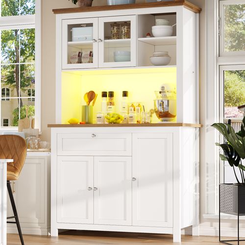 Buffet Haut - Buffet 2-en-1 - Étagères Réglables - Vitrine - Rangement Spacieux - LED - Mdf - Blanc