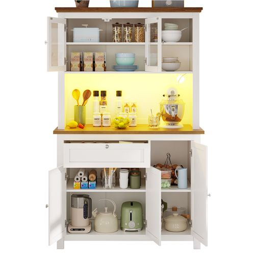 Buffet Haut - Buffet 2-en-1 - Étagères Réglables - Vitrine - Rangement Spacieux - LED - Mdf - Blanc