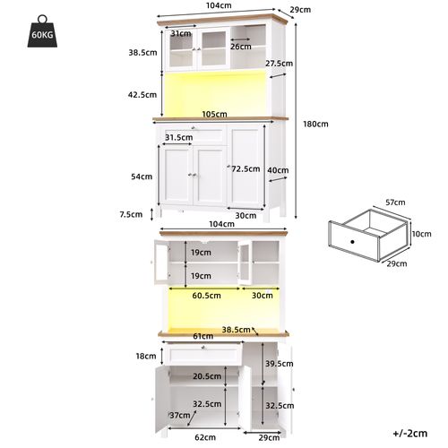 Buffet Haut - Buffet 2-en-1 - Étagères Réglables - Vitrine - Rangement Spacieux - LED - Mdf - Blanc