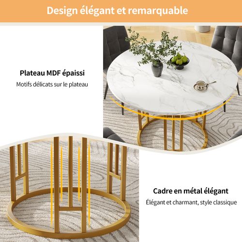 Table à Manger Ronde - Pieds Métal Robustes - Plateau Effet Marbre - Moderne - Mdf - Blanc + Doré