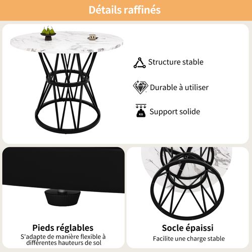 Table à Manger Ronde, Pieds Métal Solides, Plateau Mdf Effet Marbre, 100 X 100 X 76 Cm - Noir