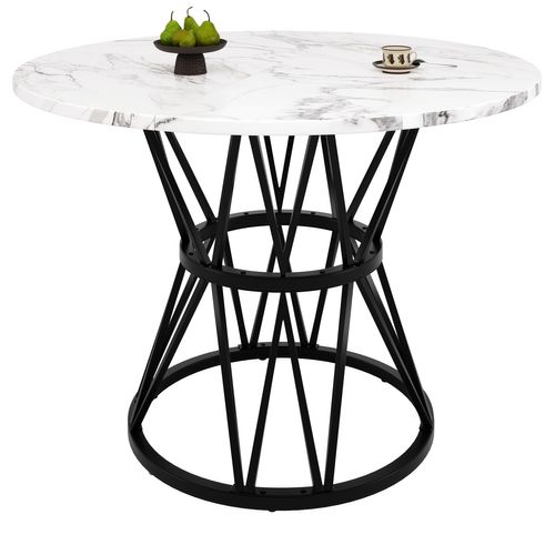 Table à Manger Ronde, Pieds Métal Solides, Plateau Mdf Effet Marbre, 100 X 100 X 76 Cm - Noir
