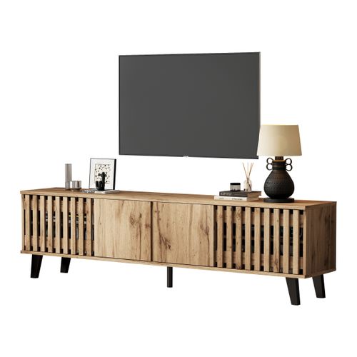 Meuble TV De Salon Avec Rangement Spacieux Et 8 Compartiments, Pieds Noirs