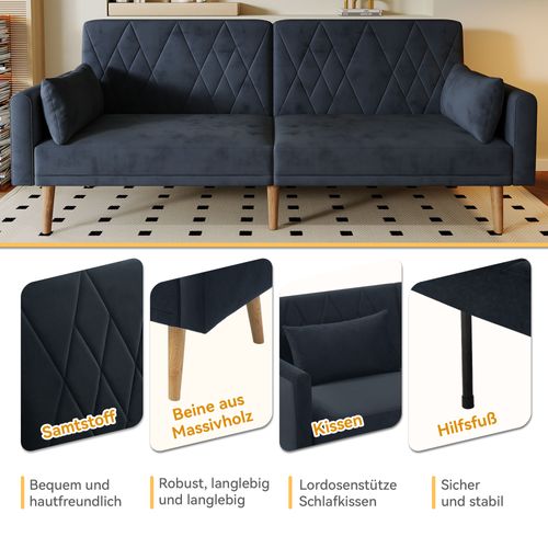 Canapé-lit Moderne 2 Places - Fonction Couchage - Design Élégant - Velours - Noir