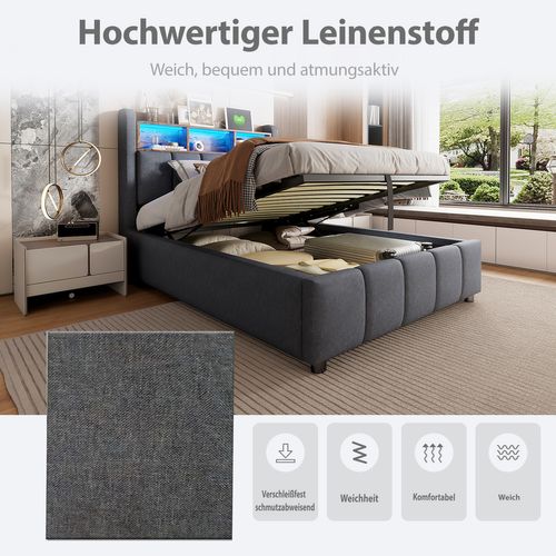 Lit Coffre Ado 90x200 Cm - Tête à Étagères - LED + USB - Rangement Pratique - Lin - Gris