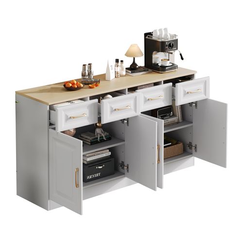 Buffet Cuisine Avec 4 Tiroirs Et 4 Portes Coulissantes - Style Ferme Moderne - Blanc - Chêne