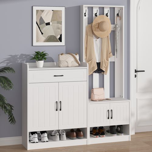 Vestiaire D’entrée - 4 Portes - Tiroir - Porte-manteaux - Rangement Chaussures - Mdf - Blanc