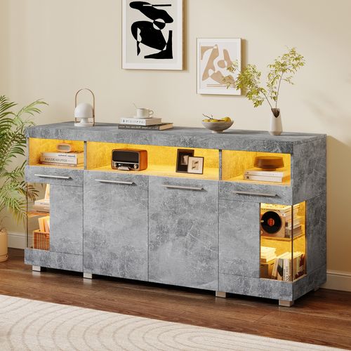 Buffet Salon Avec 3 Compartiments Et LED Intégrée - Meuble Moderne Mdf-verre Trempé - Gris Ciment