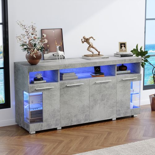 Buffet Salon Avec 3 Compartiments Et LED Intégrée - Meuble Moderne Mdf-verre Trempé - Gris Ciment