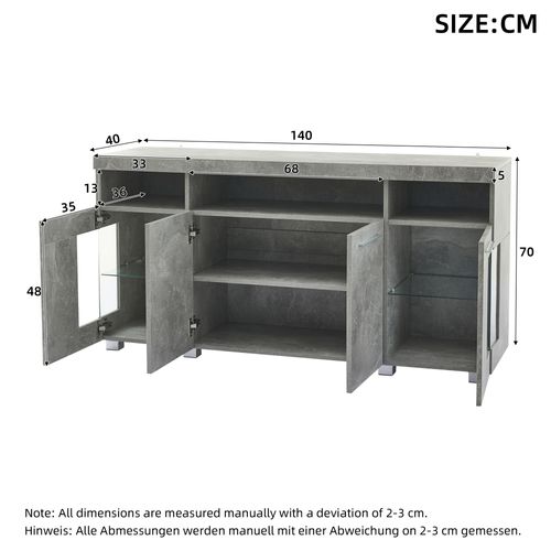 Buffet Salon Avec 3 Compartiments Et LED Intégrée - Meuble Moderne Mdf-verre Trempé - Gris Ciment