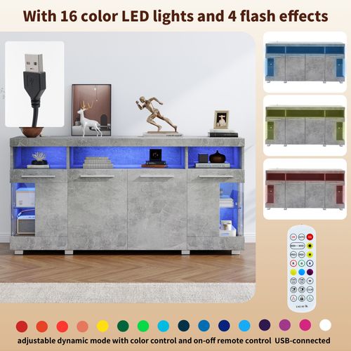 Buffet Salon Avec 3 Compartiments Et LED Intégrée - Meuble Moderne Mdf-verre Trempé - Gris Ciment