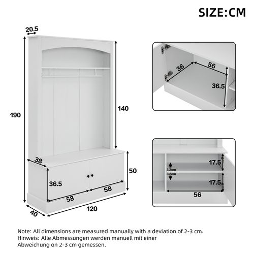 Armoire D’entrée - Banc Et Portemanteau - Étagères Ajustables - Rangement Chaussures - Mdf - Blanc