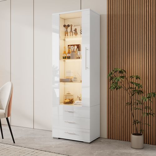 Vitrine De Salon - LED - 3 Tiroirs - Meuble Haut Brillant - Mdf Acrylique - Blanc