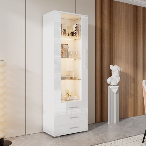 Vitrine De Salon - LED - 3 Tiroirs - Meuble Haut Brillant - Mdf Acrylique - Blanc