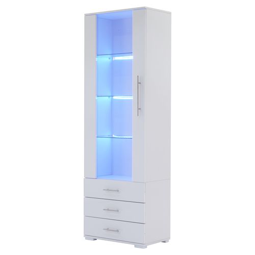 Vitrine De Salon - LED - 3 Tiroirs - Meuble Haut Brillant - Mdf Acrylique - Blanc