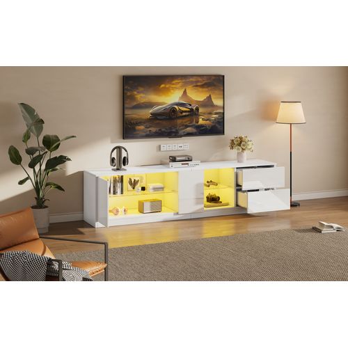 Meuble TV Buffet Bas Avec LED Intégrée Et 2 Tiroirs, Meuble De Salon Moderne En Mdf Et Verre Trempé