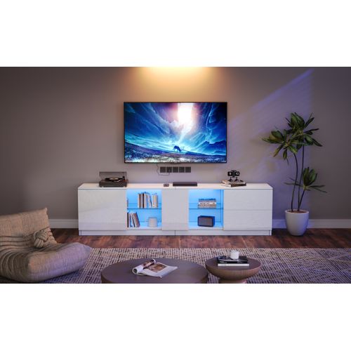 Meuble TV Buffet Bas Avec LED Intégrée Et 2 Tiroirs, Meuble De Salon Moderne En Mdf Et Verre Trempé