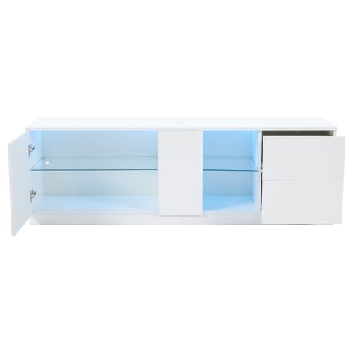 Meuble TV Buffet Bas Avec LED Intégrée Et 2 Tiroirs, Meuble De Salon Moderne En Mdf Et Verre Trempé