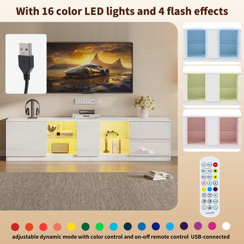 Meuble TV Buffet Bas Avec LED Intégrée Et 2 Tiroirs, Meuble De Salon Moderne En Mdf Et Verre Trempé