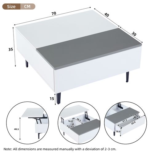 Table Basse De Salon - Plateau Relevable Et LED Intégrée - Rangement Caché - Mdf - Blanc