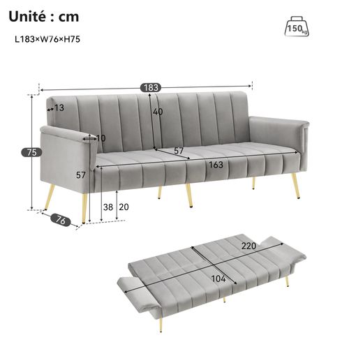 Canapé-lit Convertible 2 Places - Fonction Couchage - Design Moderne - Velours Doux - Gris