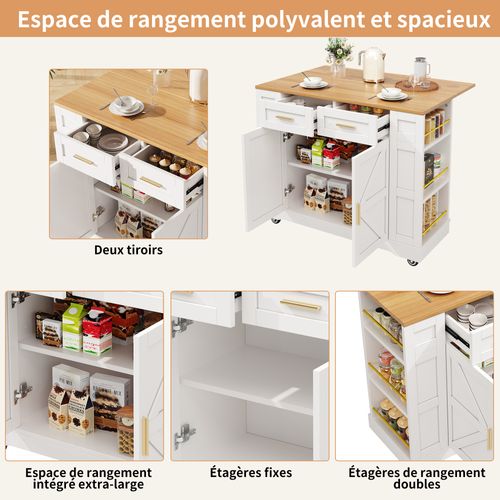 Îlot De Cuisine - Desserte De Cuisine - Multifonction - Extensibles Et Roulettes - Mdf - Blanc
