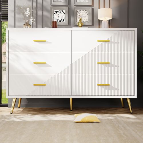 Commode - Buffet Contemporain - Tiroirs - Meuble De Rangement Design - Pieds Dorés - Mdf - Blanc