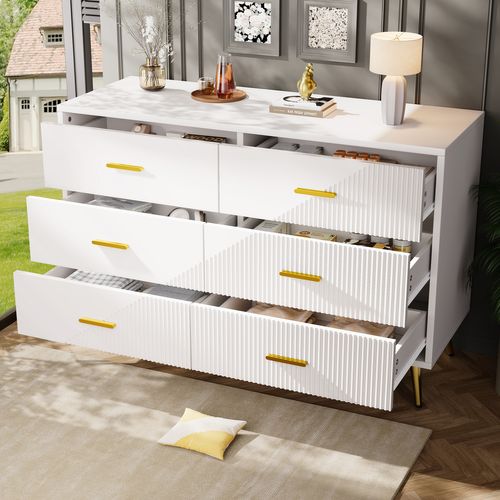 Commode - Buffet Contemporain - Tiroirs - Meuble De Rangement Design - Pieds Dorés - Mdf - Blanc