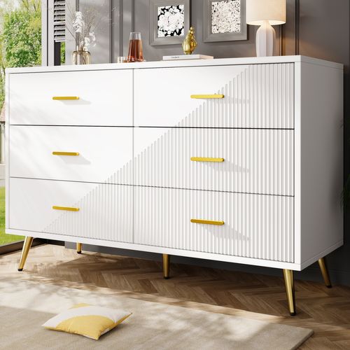 Commode - Buffet Contemporain - Tiroirs - Meuble De Rangement Design - Pieds Dorés - Mdf - Blanc