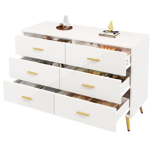 Commode - Buffet Contemporain - Tiroirs - Meuble De Rangement Design - Pieds Dorés - Mdf - Blanc
