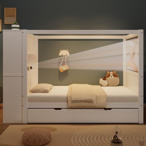 Lit Simple Enfant 90x200 Cm -tiroirs à Roulettes -rangement-barrière Sécurité-bois -blanc Et Naturel